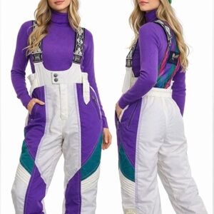 Vintage Rapido Retro Ski Bib Snow Pants White Purple Teal Colorblock 80s 90s